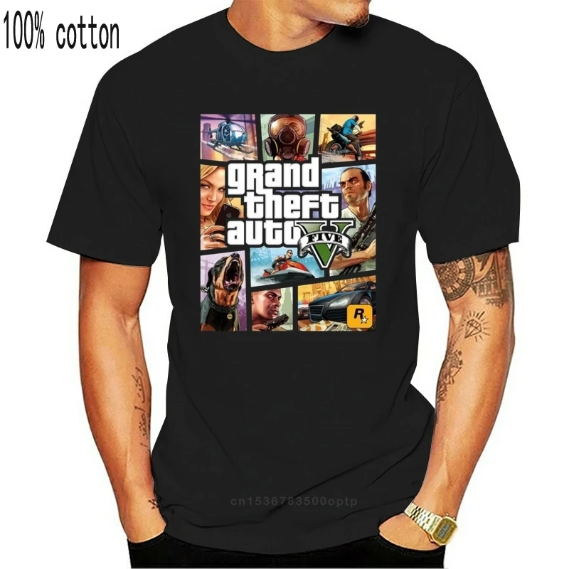 Camiseta de Gta Grand Theft Auto V MenT, camisa negra de manga corta única para adolescente, Merch oficial de gran tamaño, 2019|Camisetas| AliExpress