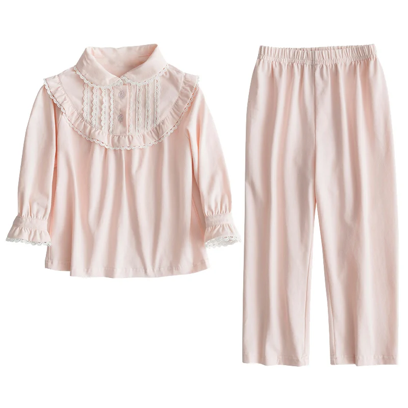 Kids Pajamas Set Children Girl Lolita Vintage Toddler Royal Style Sleep Loungewear Turndown Collar Tops Pants