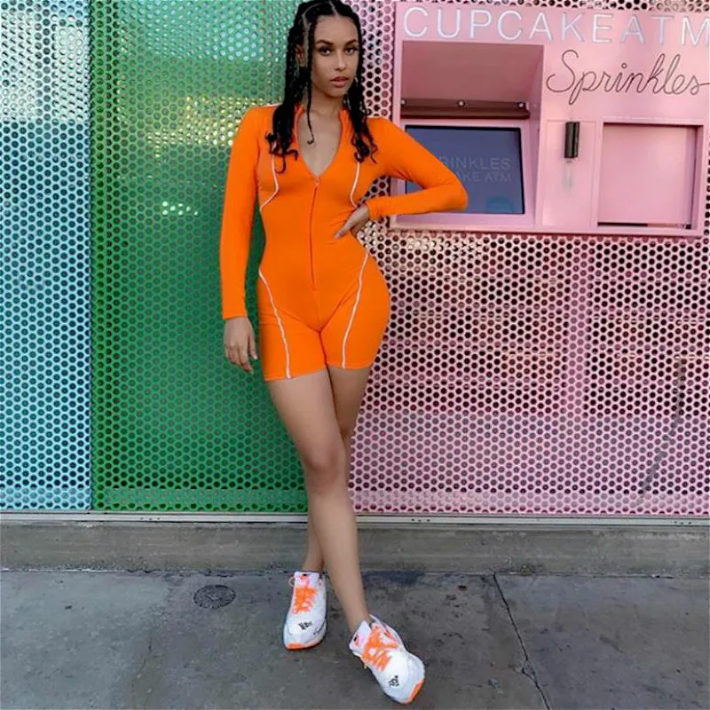 

CINESSD Women Fashion Playsuit Full Sleeve Zipper Fly Reflective Striped Patchwork Rompers 2020 Female Elastic Skinny Bodysuits