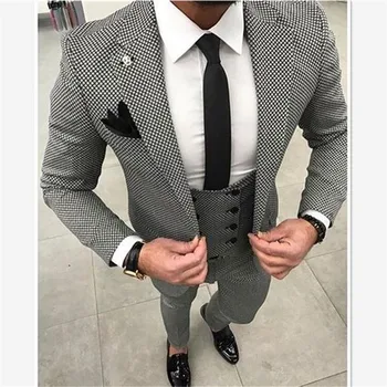 

New Custom Made Men Checkered Suit Dresses Tailored black Weave Hounds Tooth Check wedding mens suits 3 pcs jacket+pants+vest