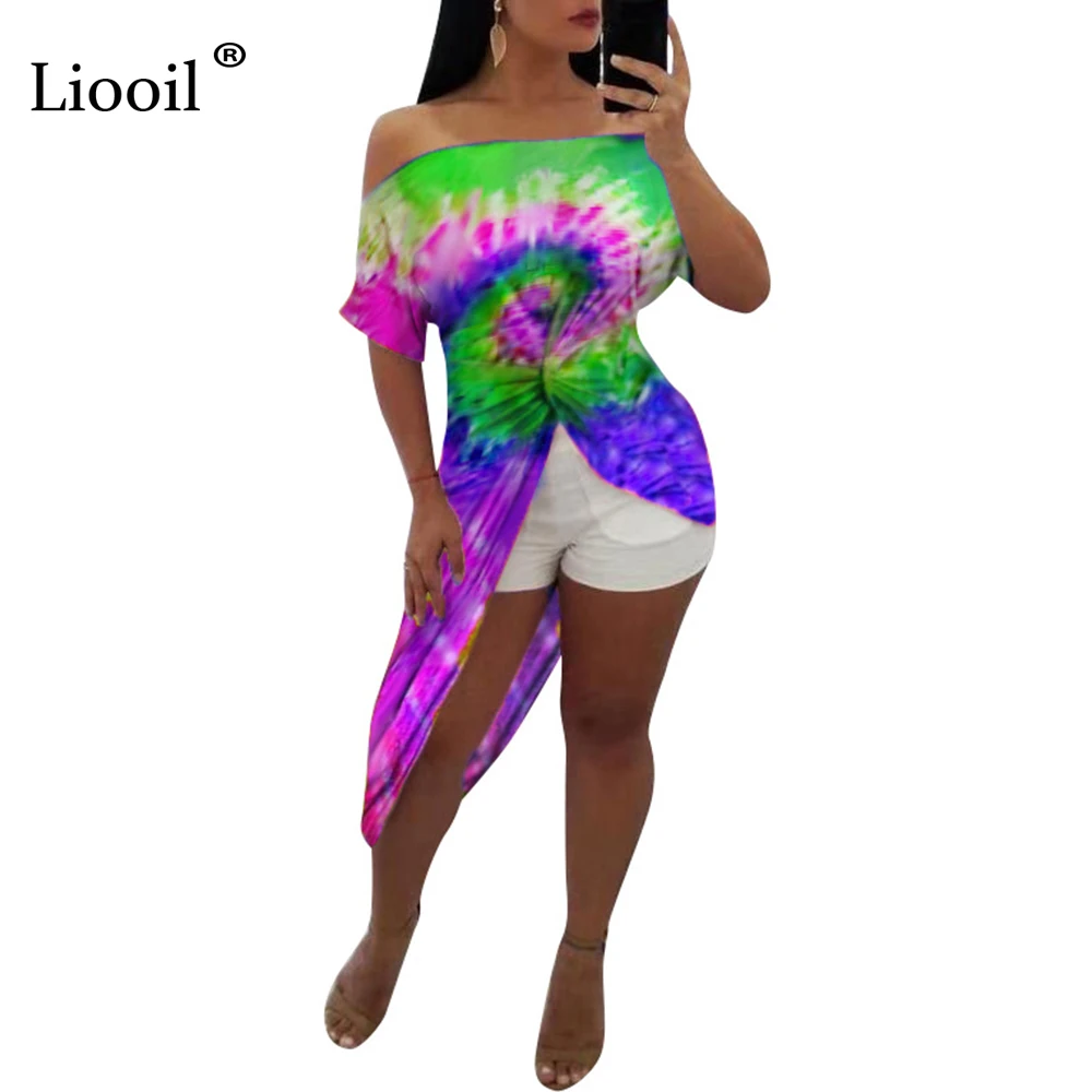 

Liooil Off The Shoulder Tie Dye Sexy Slit Midi Dress Plus Size Club Wear Asymmetrical Slash Neck Print Dresses Woman Party Night