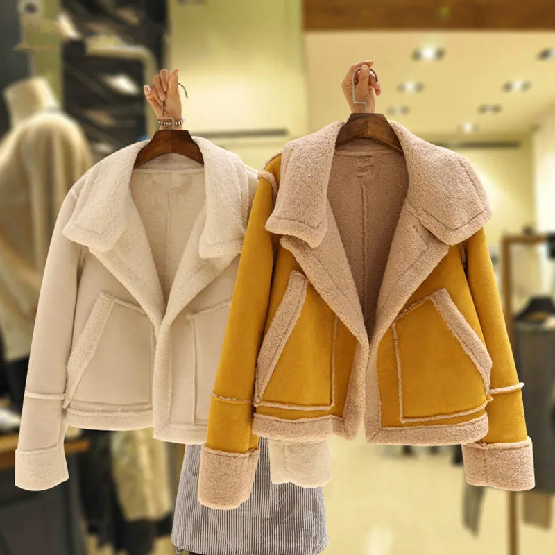 

Leather Jacket Women Winter Chic Korean Deer Velvet Lamb Fur Coat Jacketes Yellow Thick Warm Open Stitch Womens Jackets