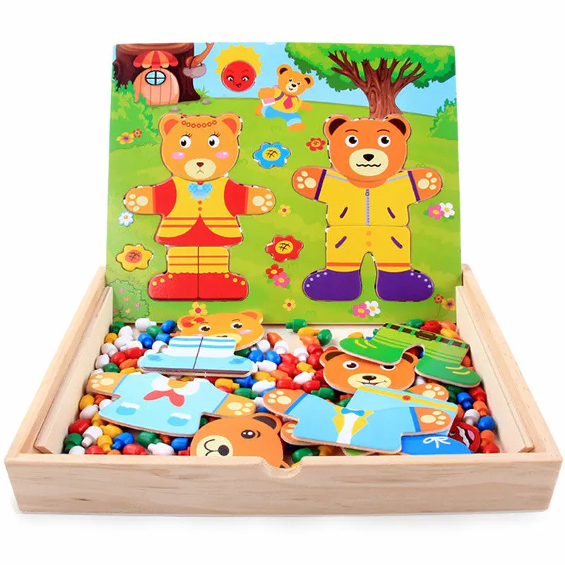 Brinquedo de Madeira Brinquedos das Crianças Urso Vestido Mudando Cogumelo Combinação Prego Crianças Vestir Quebra-cabeças Montessori