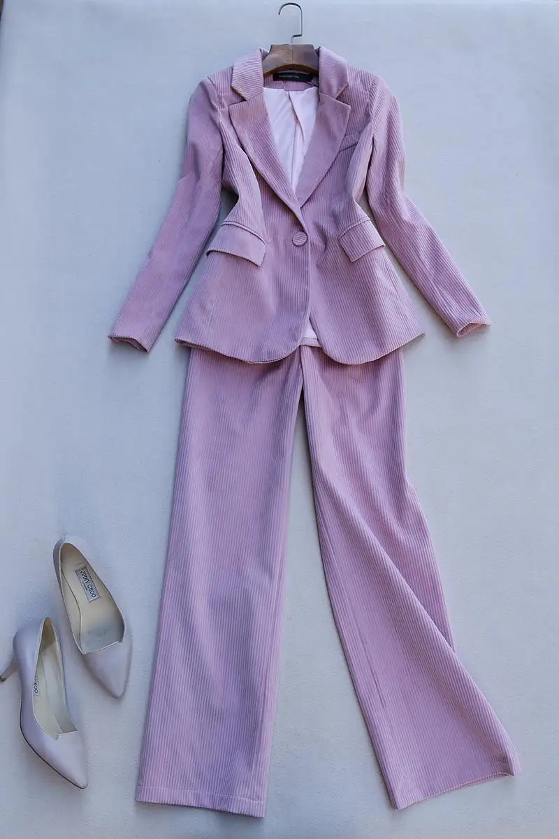 Корейская мода женские брючные костюмы вельвет ретро тонкий костюм куртка+ Высокая талия прямые широкие брюки комплект из 2 предметов - Цвет: pink
