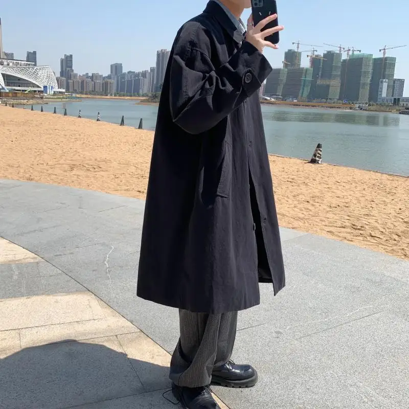 Men Trench Khaki Black Simple Vintage Single Breasted Long Coats Safari  Style Harajuku Basic Spring Fall Jackets Loose Korean BF