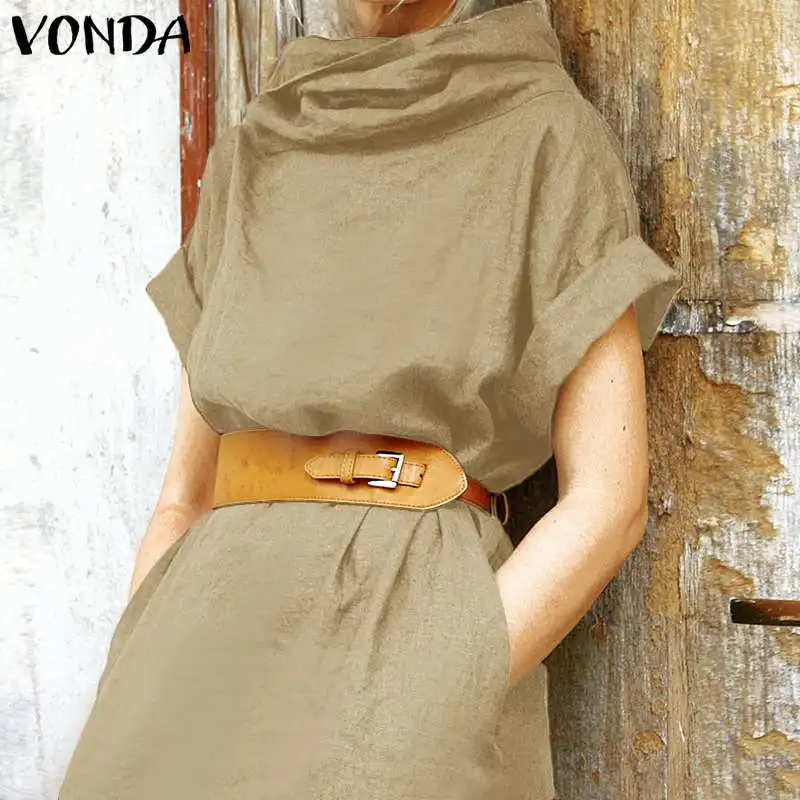 VONDA, женское платье, повседневное, короткий рукав, водолазка, платье размера плюс, свободный сарафан, лето, богемное платье для женщин, Vestidos S-5XL