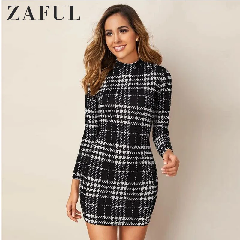 ZAFUL Plaid Dress Women Vintage Houndstooth Bodycon Sexy Mini Dress 2019 Winter Office Ladies Elegant Sheath Skinny Dress Femme