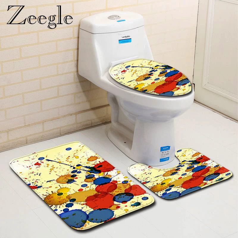 Zeegle Bath Mat Modern Printed Bathroom Rug Set Absorbent Toilet Pedestal Rug Bath Foot Mat Anti-slip Soft Toilet Cover Seat Mat