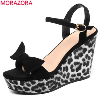 

MORAZORA 2020 new arrive women sandals suede leather leopard wedges platform sandals buckle bowknot summer casual shoes ladies