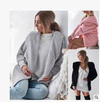 

2019 Europe And America Hot Selling WOMEN'S Dress Sexy Plush Hooded Loose-Fit Cardigan Jacket