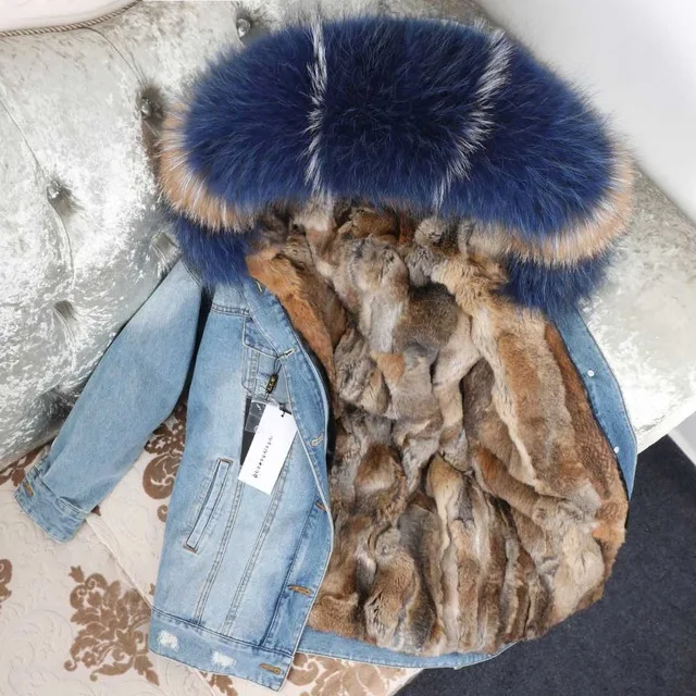 Зимняя куртка для женщин, настоящее меховое пальто; парка с воротником из натурального меха енота, куртка-бомбер с подкладкой из кроличьего меха, джинсовая куртка уличная мода ins, Новинка - Цвет: color 20