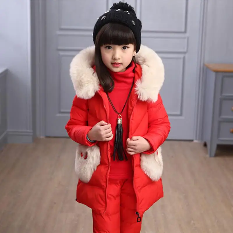 Коллекция года, зимний комплект из 3 предметов, одежда для девочек теплая парка пуховик Одежда для маленьких девочек Детский костюм с пальто зимнее пальто для девочек - Цвет: red