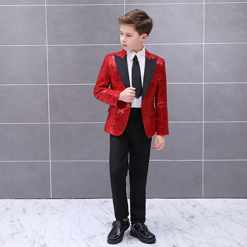 red suit set Детский многоцветный приталенный костюм с блестками, пиджак и штаны, вечерние костюмы для мальчиков, блейзер для танцев, модные топы, пальто, брюки - Цвет: red suit set