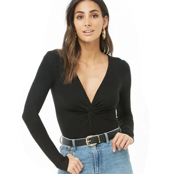 

Bodysuit Women Jumpsuits Sexy V-neck Solid Color Clothes Slim Twisted Long Sleeve Bottoming Shirt Tops Bodysuits