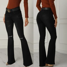 Женские Стрейчевые расклешенные джинсы с высокой талией, обтягивающие Рваные Джинсы бойфренда с дырками на коленях, черные широкие штаны для мам