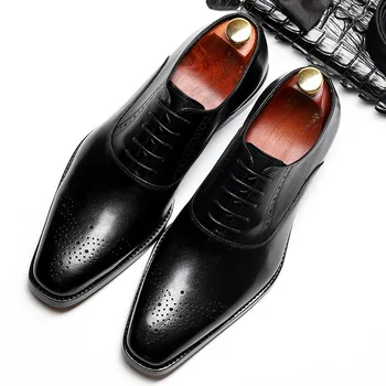 

2019 Men Leather Shoes Business Dress Suit Shoes Men Brand Bullock Genuine Leather Black Lace Up Wedding Mens Shoes