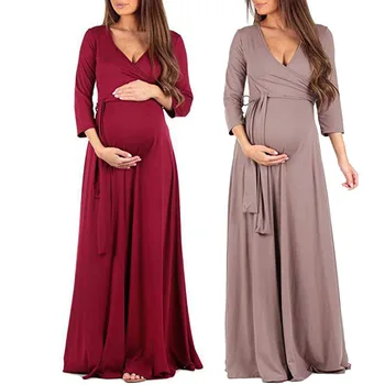 

Maternity Long Dresses For Women Pregnancy Dress V-Neck 3/4 sleeve Clothes For Pregnant Female Nursing Summer Beach Sundress