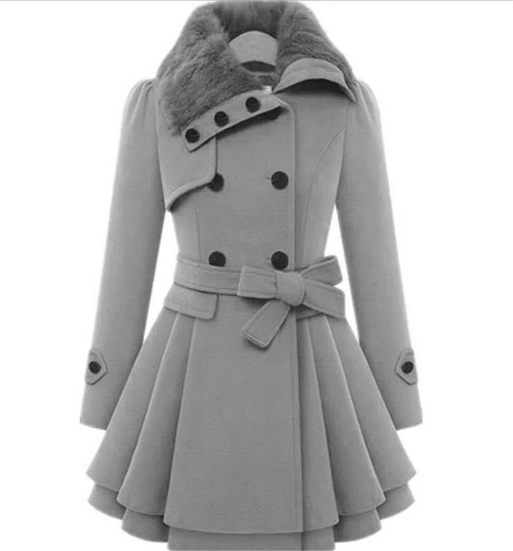 

Womens coat Solid Plus Size Fur Turn-down Collar Double Breasted Slim Manteau Femme Skirt Style Outerwear