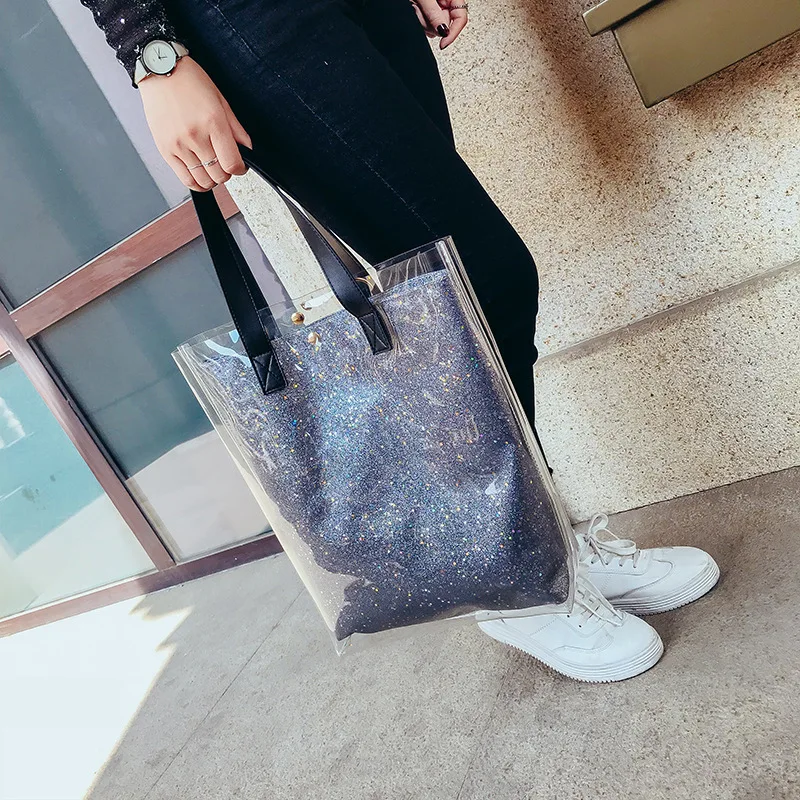 

Transparent Women in Summer 2019 Tidal Large Capacity Sequins Beach Handbag One Shoulder Slant Jelly