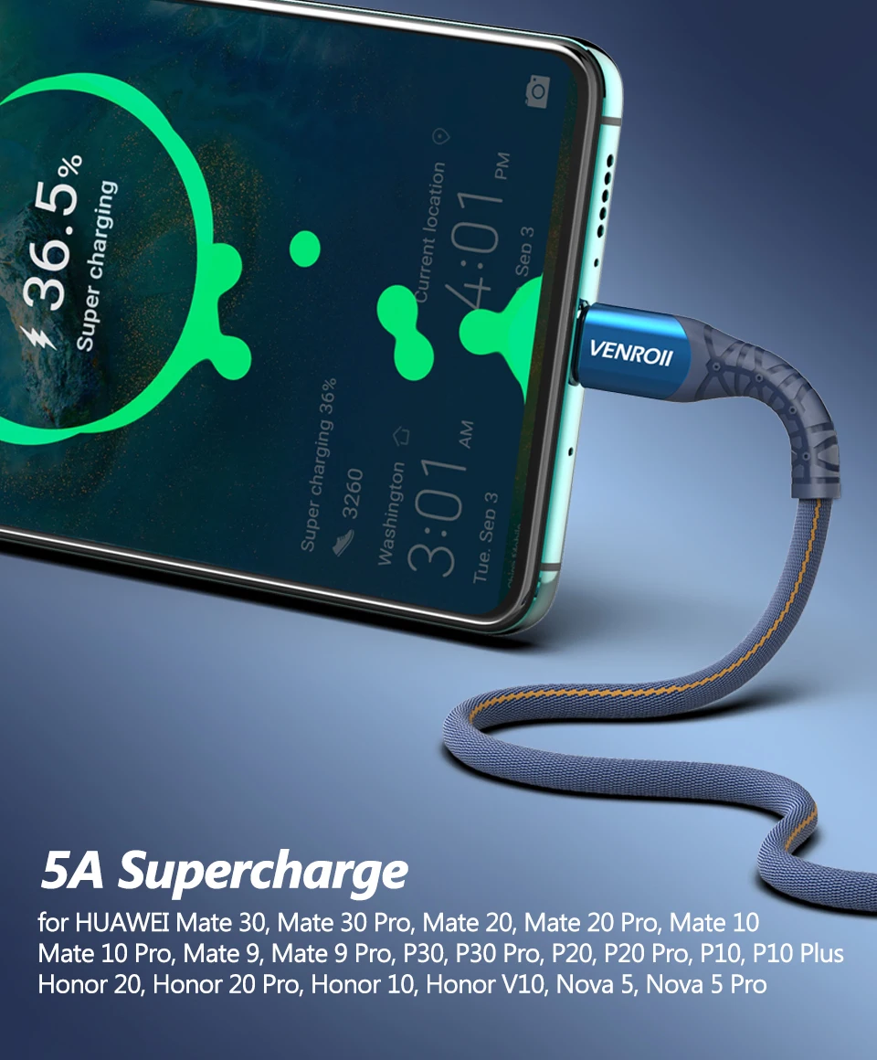 Venroii usb type C кабель для huawei mate 30 20 Pro 5A Supercharge Кабо для P30 P20 P10 Honor Быстрая зарядка USBC type-C кабель для передачи данных