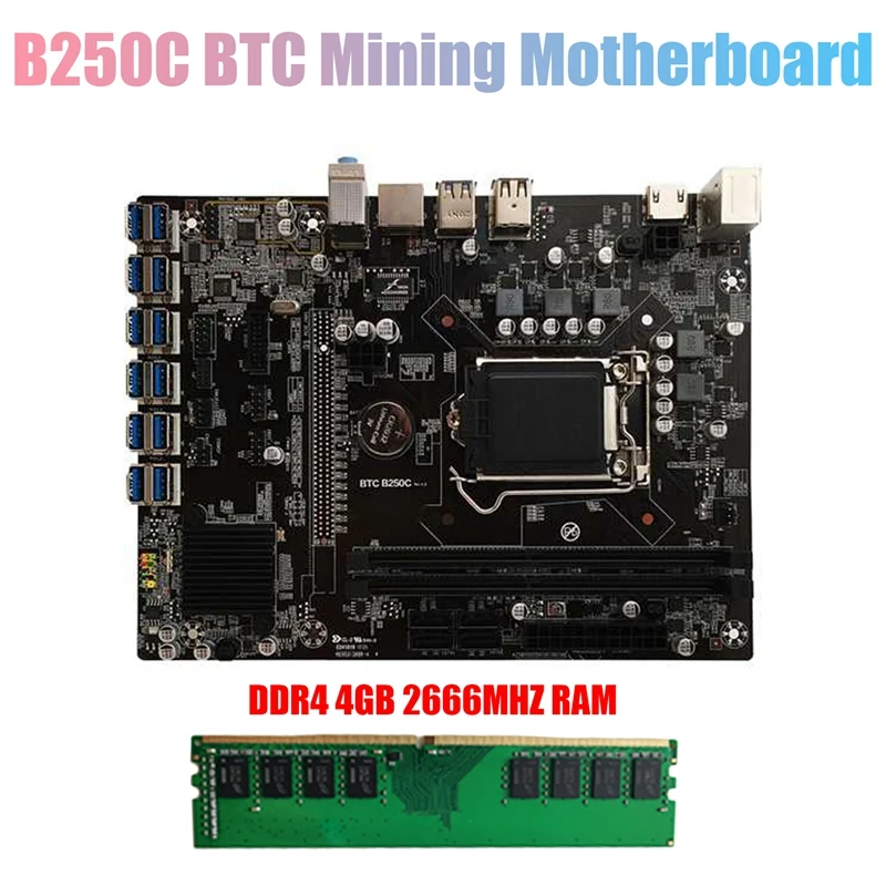 Материнская плата B250C для майнинга BTC с DDR4 4G 2666 МГц ОЗУ 12xpcie в разъем графической