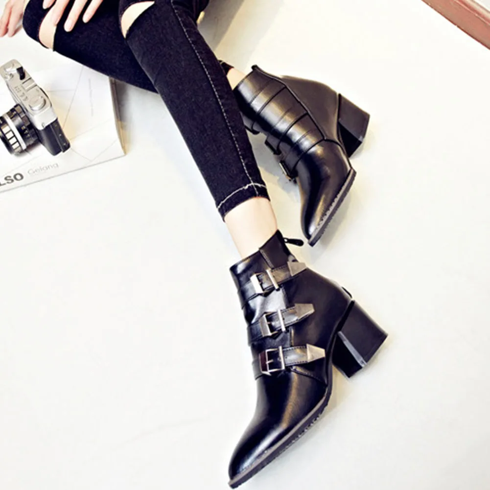 

SARAIRIS Wholesale fashion New Large Size 32-48 Chunky Heels Ankle Boots Woman Shoes buckles Black Red Shoes Women Boots Lady
