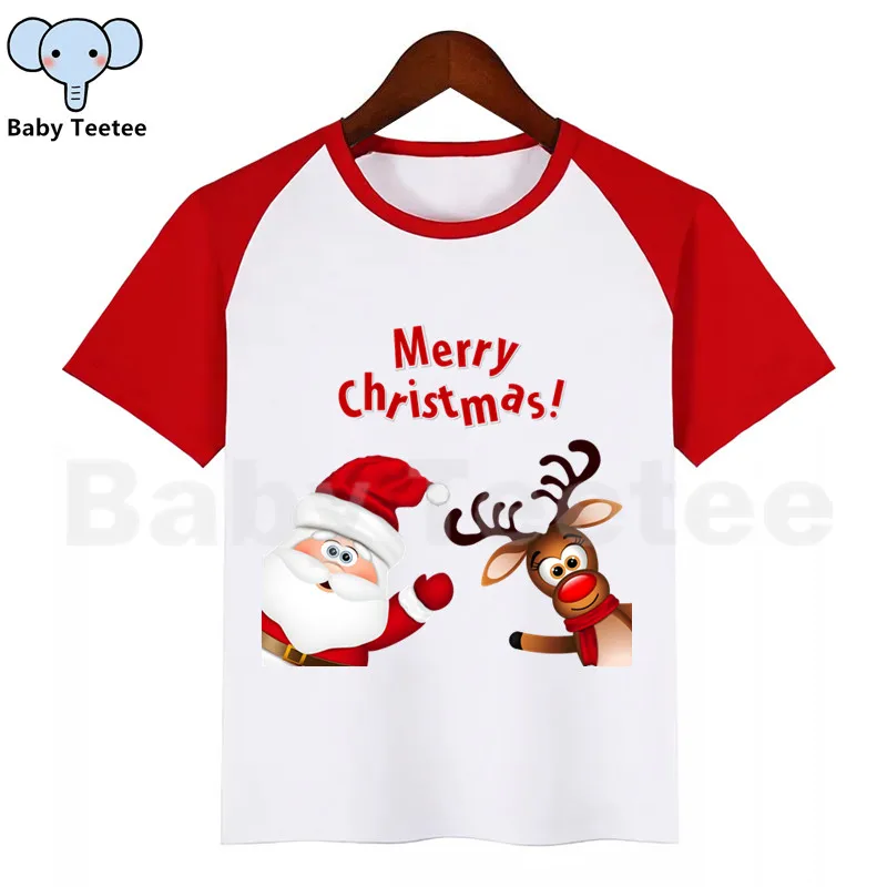 Детская футболка с рисунком Санта-Клауса и оленя; веселые детские топы; детская футболка с короткими рукавами; одежда для малышей - Цвет: D114-RedA