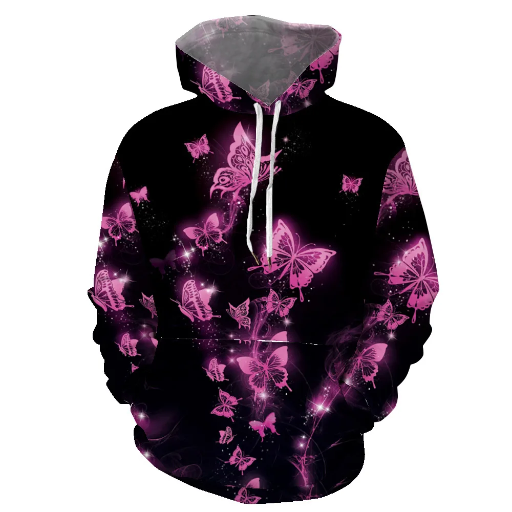 Autumn and Winter New 2021 Purple Butterfly Printed Coat Hooded Fleece Sweater for Women