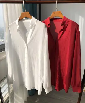 

Women V Neck 100% Cotton Blouse Shirt Loose Long Sleeve Lady Casual Solid Color Tops