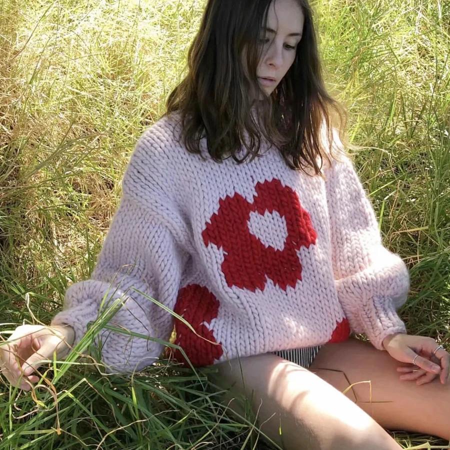 

TEELYNN Hand-knit pullover for women 2019 winter pink floral warm sweaters loose turtleneck long sleeve sweater thick sweaters