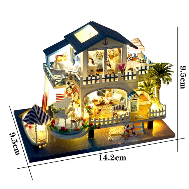 Mini DIY Wooden Doll House Kit Miniature Furniture Swimming Pool Casa Beach Cottage Dollhouse Toys for Children Girls Xmas Gifts 6
