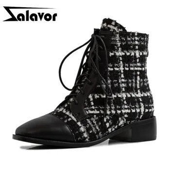 

ZALAVOR Women High Quality Ankle Boots Low Heels Zipper Cross Strap Winter Shoes Woman Square Toe Botas Size 31-43