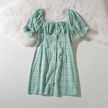 

Cthink 2020 Summer Cotton Plaid Short Sleeve Dress Women Fashion Slim Mini Soft Material Vestidos Stylish Green Women's Dresses