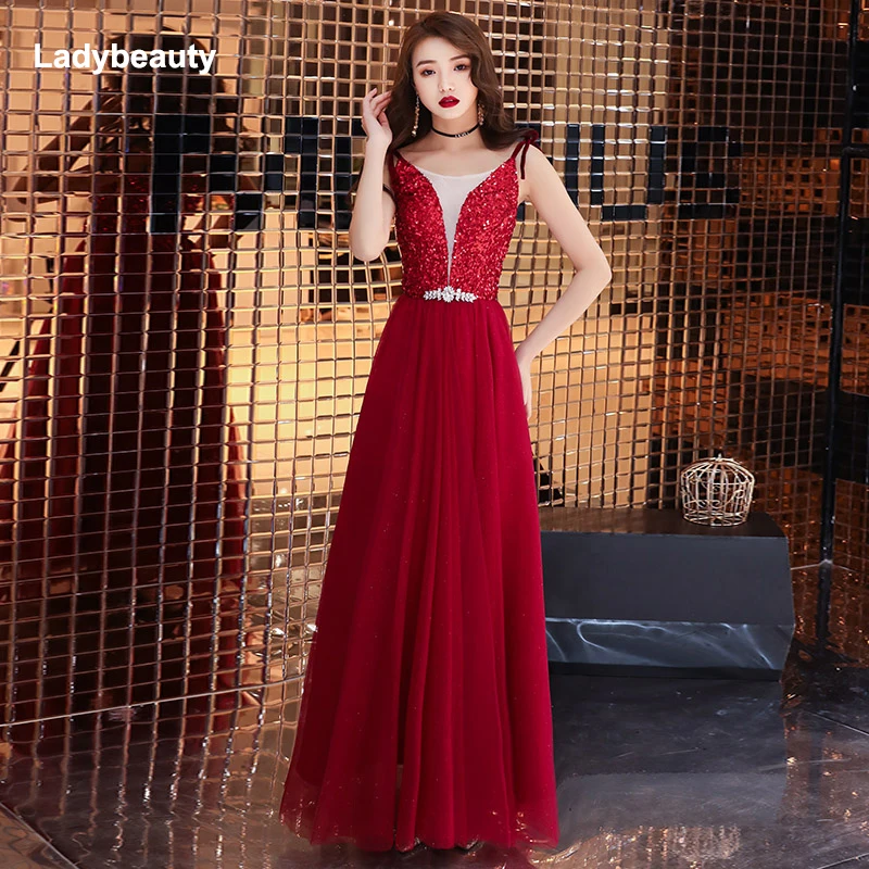 Sexy Wine red Evening Dress 2019 Elegant Sequin Gown Long Formal Back Lacing Prom Party vestido longo festa |