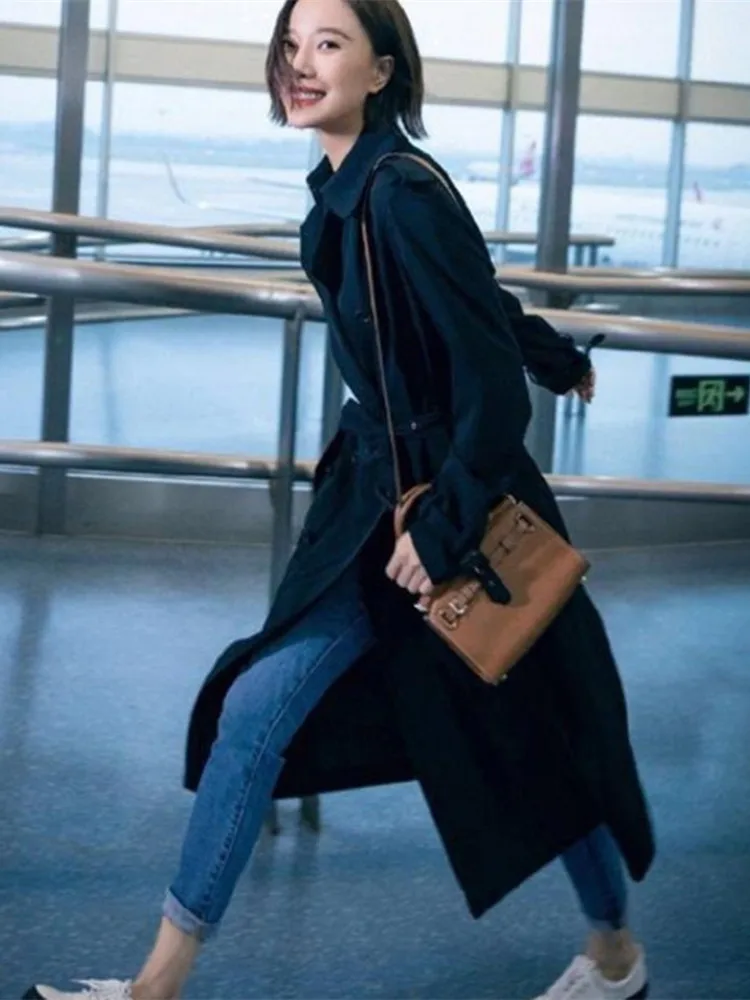 Navy Blue Women Trench Coat Fashion Double Breasted Extra Long Coat Temperament OL HIgh Quality Windbreaker Women Clothes