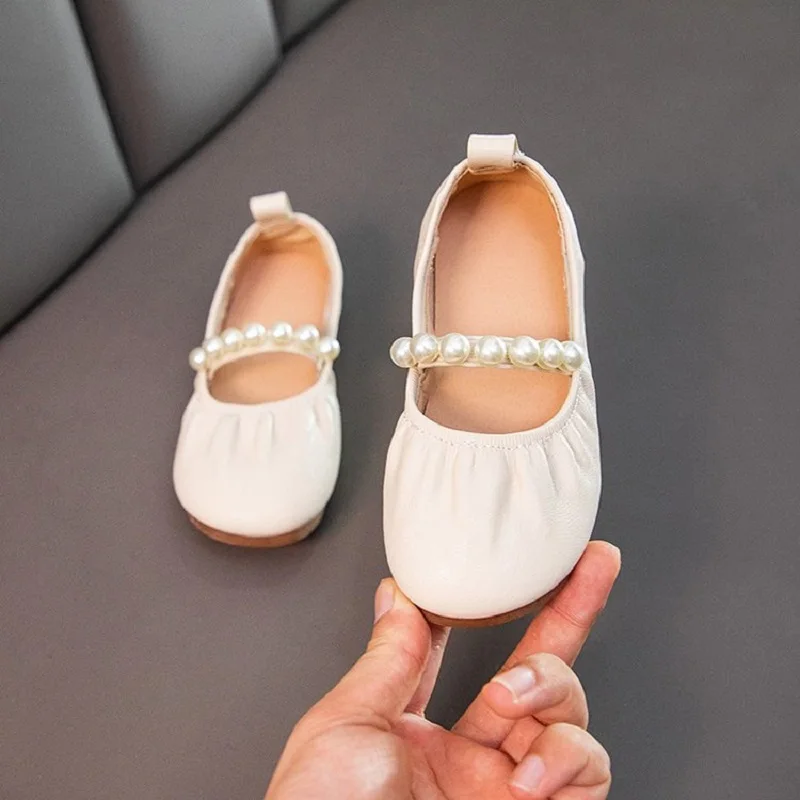 Reducido Zapatos planos de piel sintética con perlas para niños y niñas, calzado de princesa para bebés, Primavera B6qpeQmqkxa