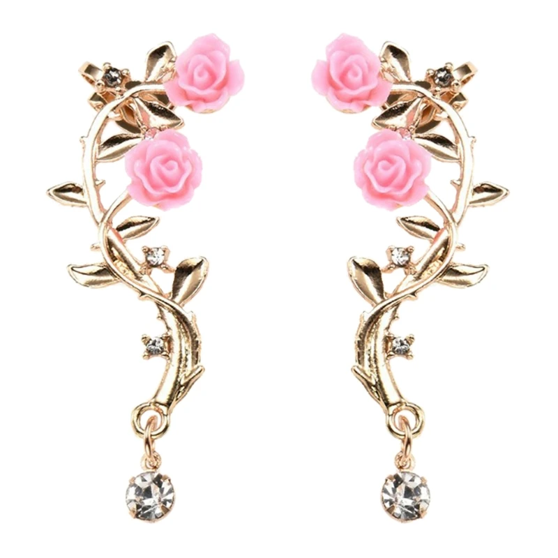 Vintage Rose Flower Cuff Earrings Trendy Rose Flower Climber Crawler Earrings Sparkly Metal Leaf Ear Cuff for Women Girl ear clip earrings clip earrings ear clip ear accessories