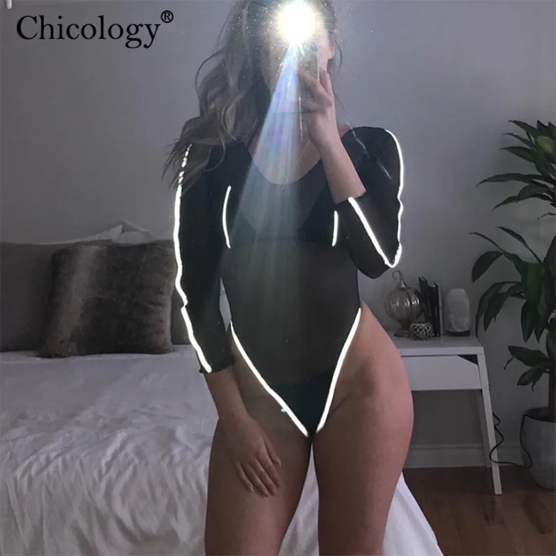 

Chicology reflective stripe mesh body suit 2019 summer women long sleeve bodysuit streetwear female sexy party club lady clothes