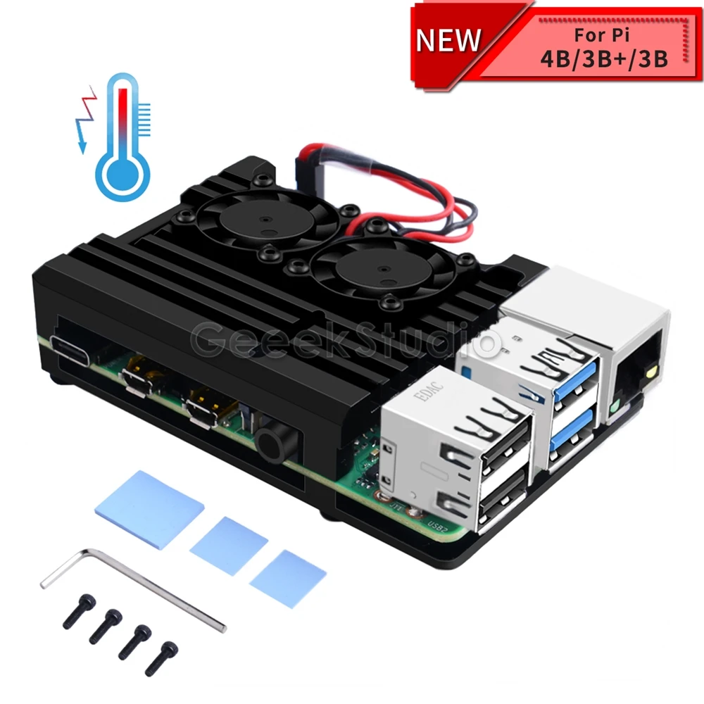 

New version! Raspberry Pi Armor Case Cooling Heatsink Aluminium Alloy Metal Case with Dual Fan for Raspberry Pi 4B / 3B+ / 3B