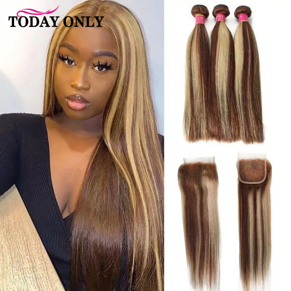 Highlight Bundles With Closure Brazilian Bone Straight Bundles With Closure P4/27 Remy 3 4 Bundles With HD Lace Closure
