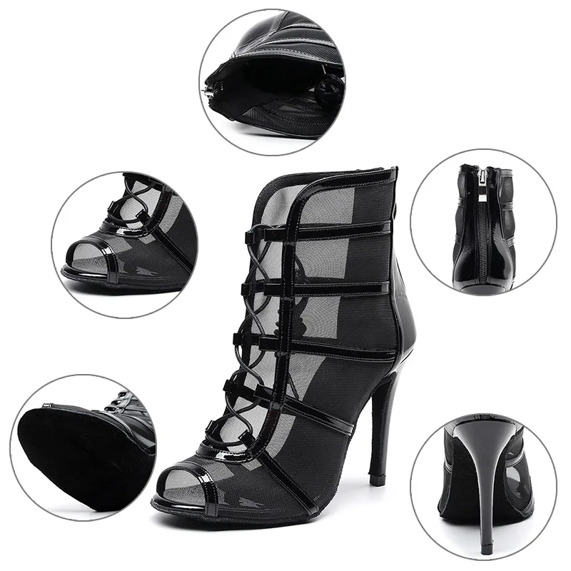 DKZSYIM Women Latin Dance Shoes Black High Top Ballroom Tango Salsa Dancing Boots Lace-Up Soft Bottom Party Dance Shoes