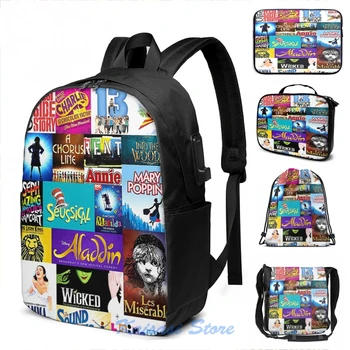 

Funny Graphic print Broadway Musicals USB Charge Backpack men School bags Women bag Travel laptop bag