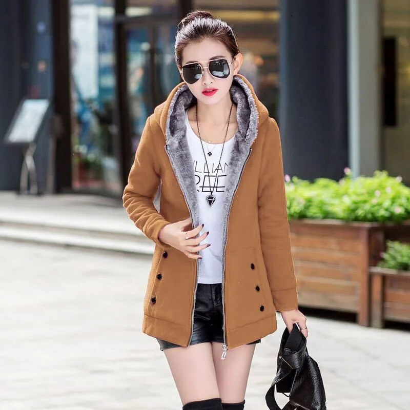 winter jacket women solid hooded thick fleece casual jacket female fashion slim plus size coats streetwear jackets Mujer