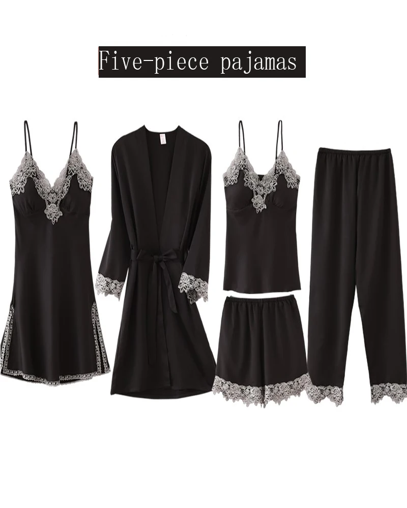 Four seasons new five-piece set with chest pad imitation silk feminine night gown, bathrobe, home service, long-sleeved pajamas