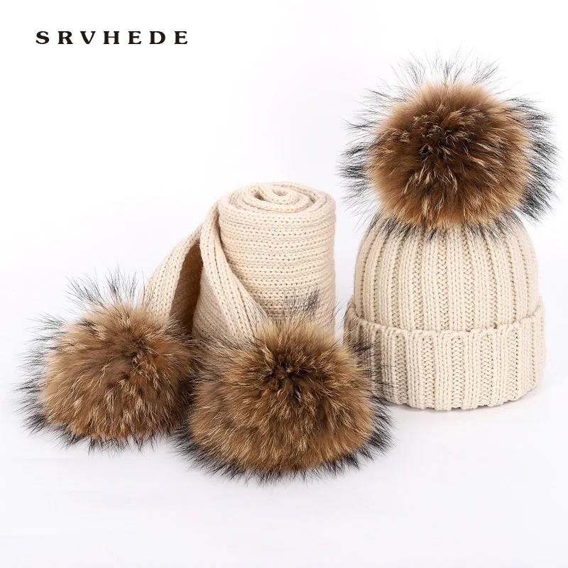 

Autumn and winter women's knitted cotton hats warm raccoon fur pom-pom children's knitted ski hat scarf parent-child caps Beanie