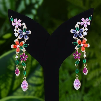 

Jimbora Fashion Bohemia Earrings Full Mirco Paved Cubic Zircon Naija Dubai Wedding Earring Luxury Baguette CZ Long Earrings