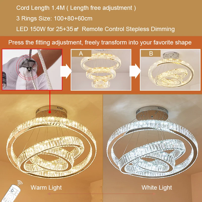 3 Rings 100cm Современная Великолепная Хрустальная подвеска из колец, Светильники для виллы, гостиной, большой подвесной светильник, затемняющий освещение, потолочный светильник для спальни - Цвет корпуса: 3 Rings 100cm