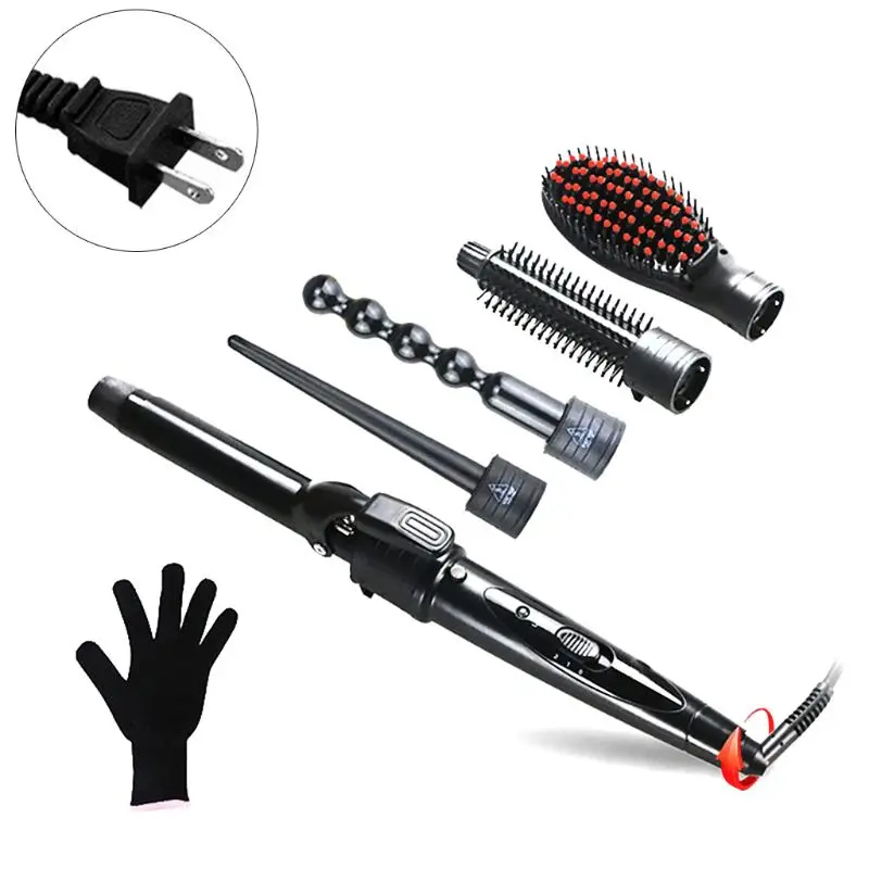 

5 in 1 Interchangeable Ceramic Hair Curler Iron Set Professional Curling Wand Straightening Brush Tourmaline Barrel Dual Voltage