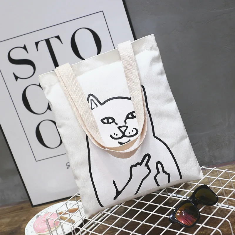 Хлопковая парусиновая Экологичная для шоппинга с ручкой сумка на плечо с принтом милой кошки черная белая красная желтая основа - Цвет: white