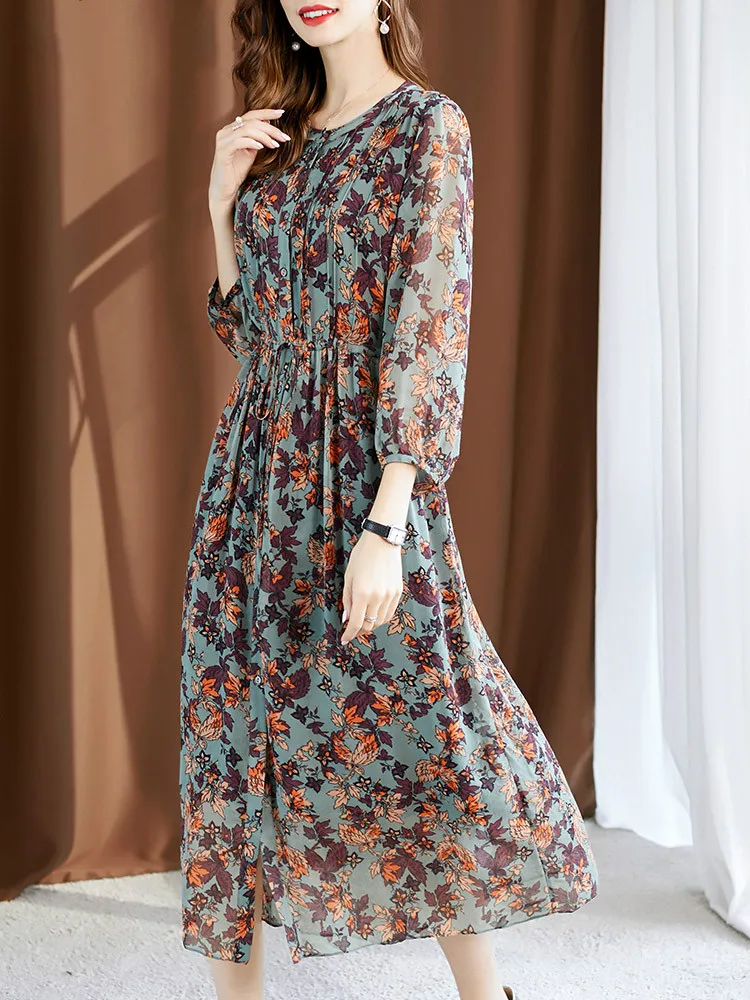 

AYUNSUE Women Floral 100% Silk Dress 2020 Spring Summer Boho Beach Dress Elegant Long Real Mulberry Silk Vestidos 20LLXR6981 KJ